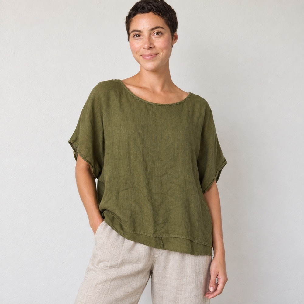Cut Loose Womens Top XL Green 100% Linen Boxy Short Sleeve Lagenlook Minimalist